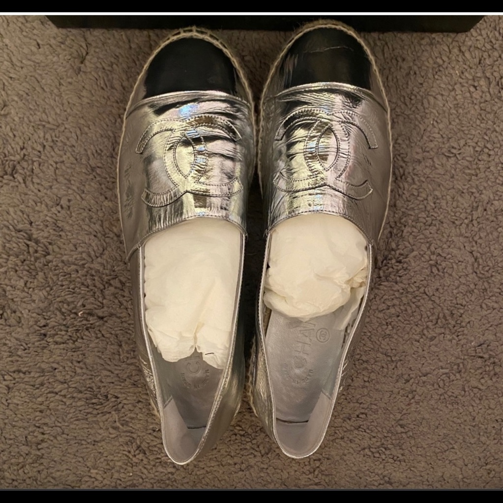 Chanel Silver Leather Espadrilles.